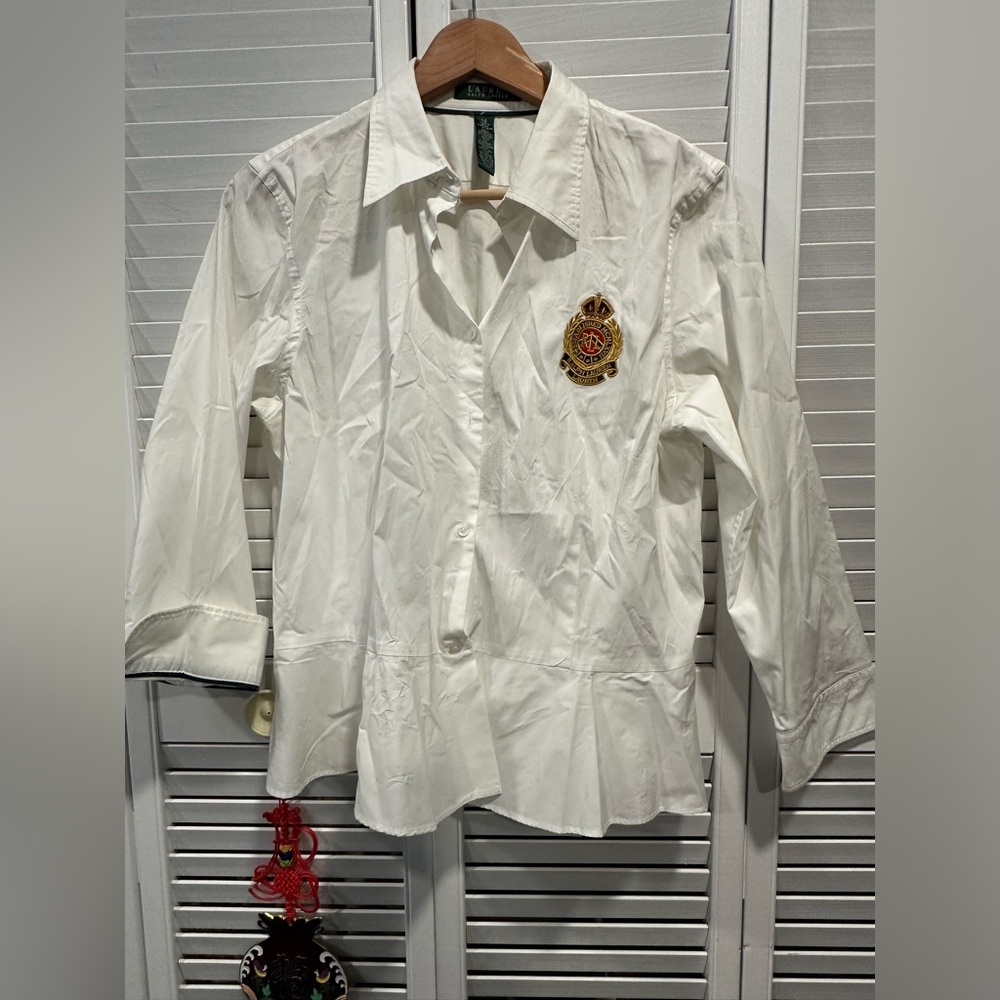 Lauren Ralph Lauren solid white button up Peplin blouse with RL Logo size 16